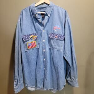 Planet Hollywood Denim Button Down Shirt XL Embroidered Patches Long Sleeve